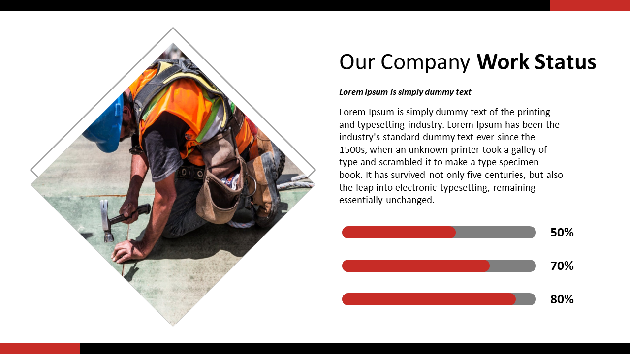 Construction workers hammering on a surface, with three progress bars below displaying varying percentages of completion.