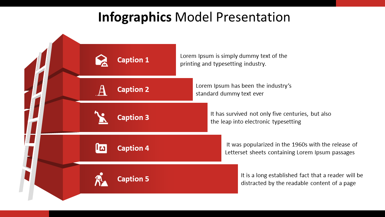 Red stacked blocks with a ladder beside, representing an infographic model, with captions describing the text.