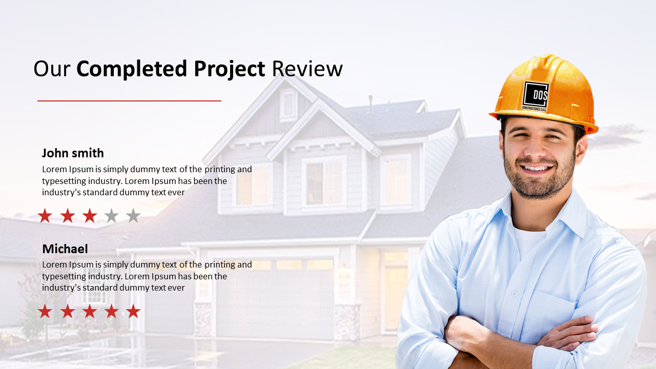 John Smith and Michael provide feedback on a completed project with star ratings displayed on the slide.