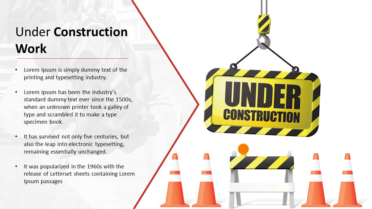 An under construction sign hanging from a crane with construction cones and a barrier below on a white backdrop.