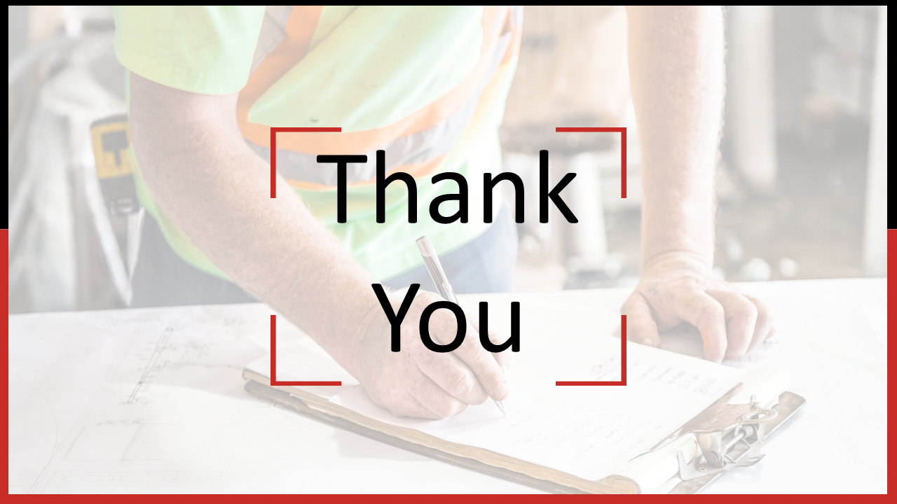 A thank you message framed in red on a construction worker's clipboard with construction drawings.