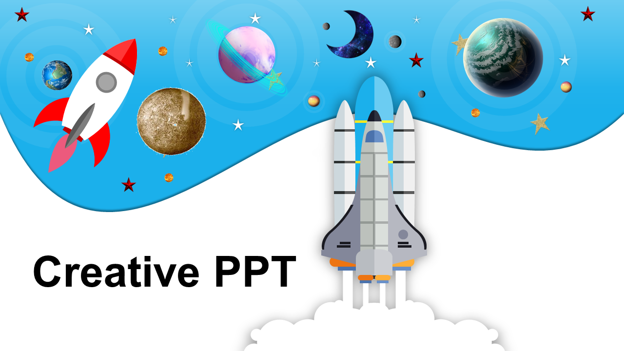 Creative design with a space themed cover featuring a rocket and planets, accompanied by slides showcasing various topics.