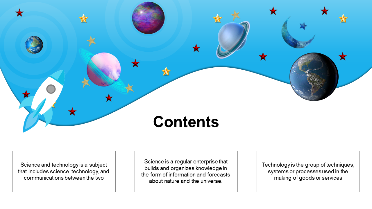Blue and white creative slide featuring a rocket, planets, and stars with contents section explaining science and technology.