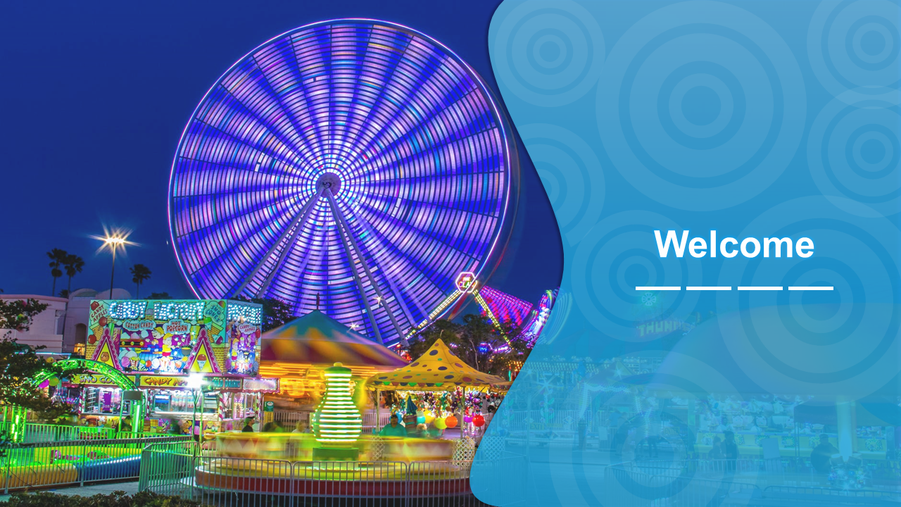 Colorful ferris wheel at a carnival with illuminated lights, with a welcome message and space for additional text.
