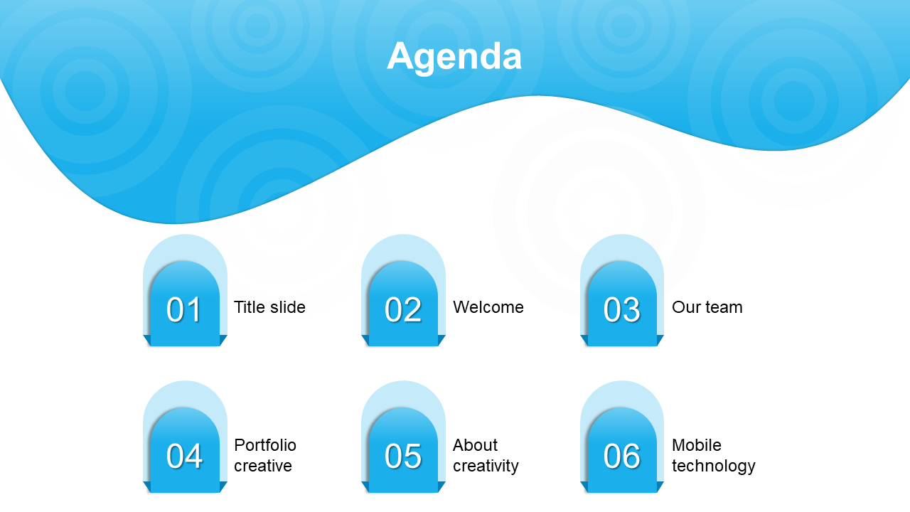 Agenda PPT slide outlining six sections on a blue and white backdrop.