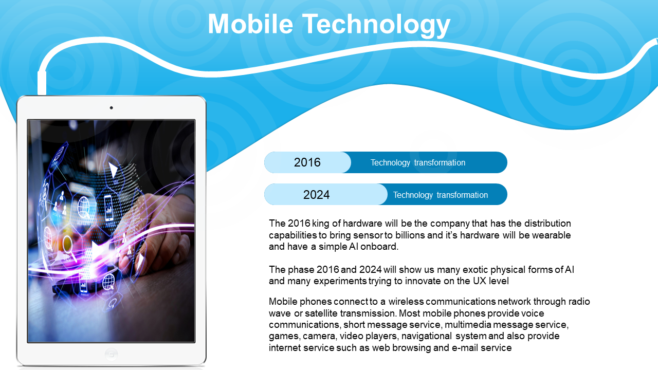 Mobile technology slide shows tablet displaying various app icons and text about technology transformation in 2016 and 2024.