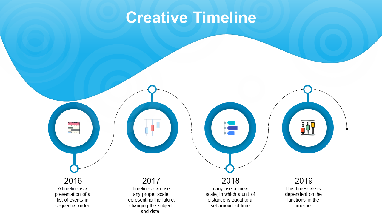 Creative slide displays a timeline from 2016 to 2019, each year marked with a different blue icon and descriptive text.