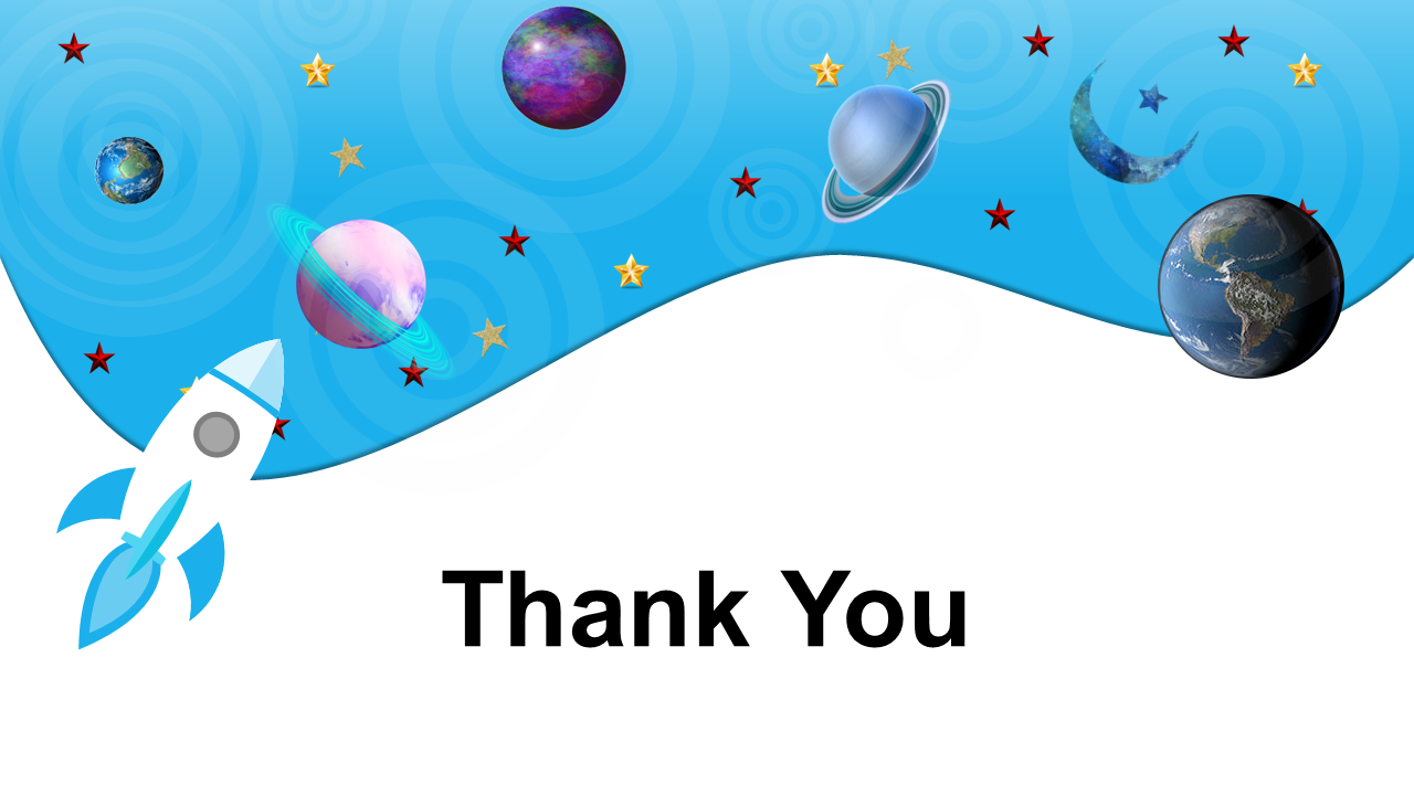 A space slide with a rocket, planets, and stars, featuring a thank you message in bold black text in a white and blue theme.