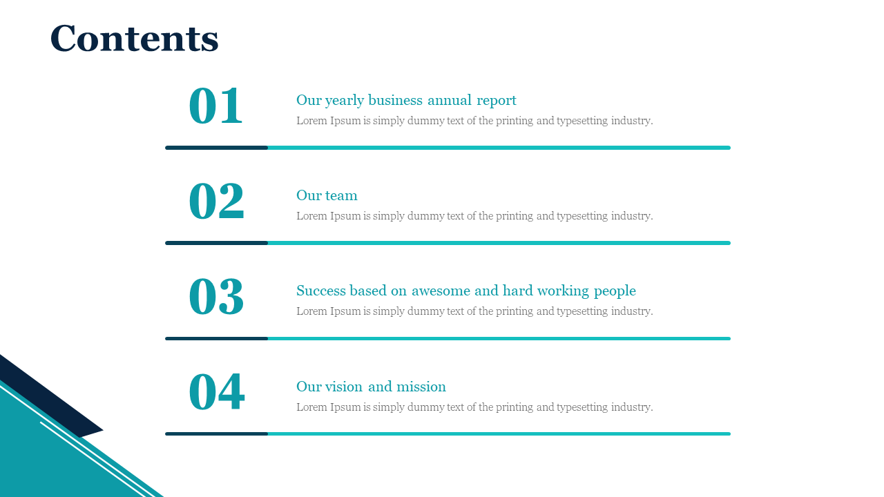 Contents slide showing sections on the yearly business report, team, success, and mission with blue and teal design elements.