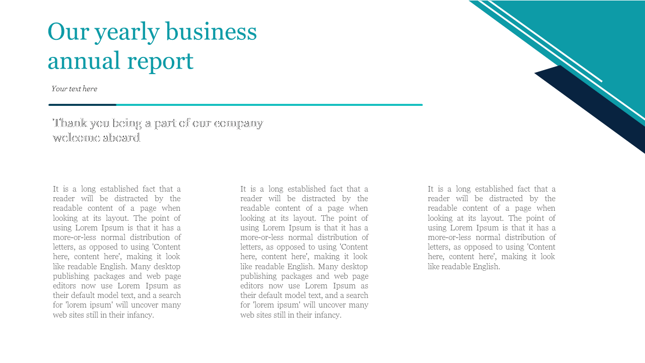 Annual report slide with a teal and navy design, featuring a text block about the business report and a thank you message.