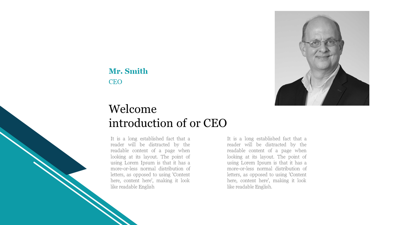 CEO introduction slide featuring a photo of Mr. Smith with a welcome message and placeholder text for his introduction.
