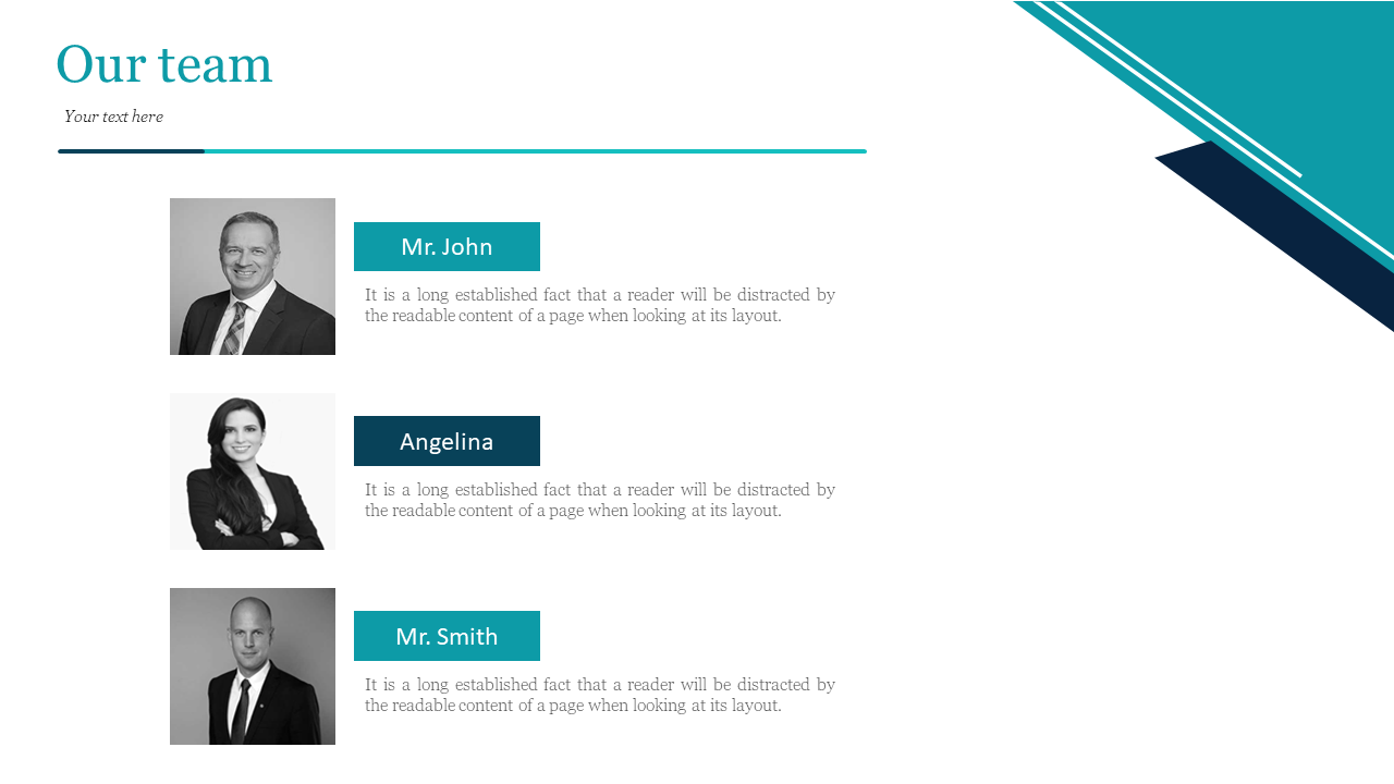 Team introduction slide with photos of Mr. John, Angelina, and Mr. Smith, each with a brief placeholder description.
