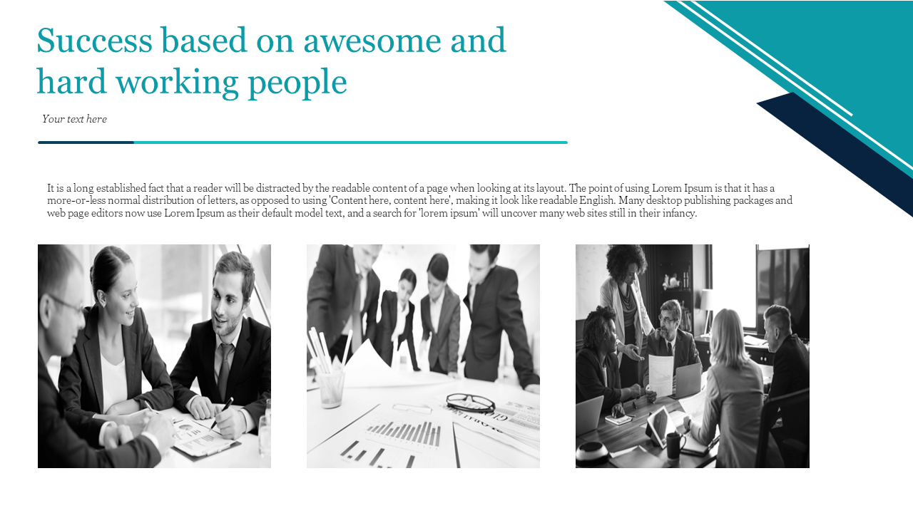 Corporate presentation slide featuring placeholder text and images of a team working together on a white backdrop.