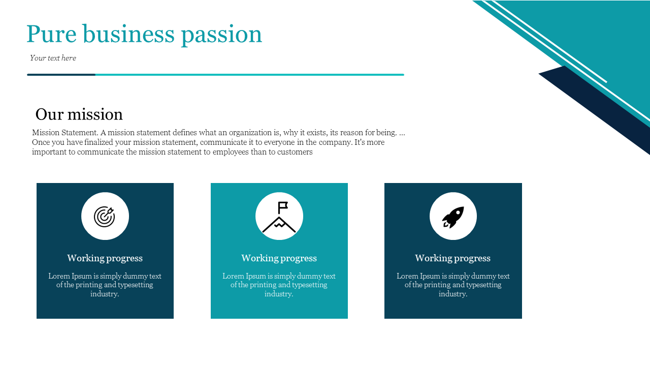 Business presentation slide with pure business passion title including three colorful icons for progress in a white theme.