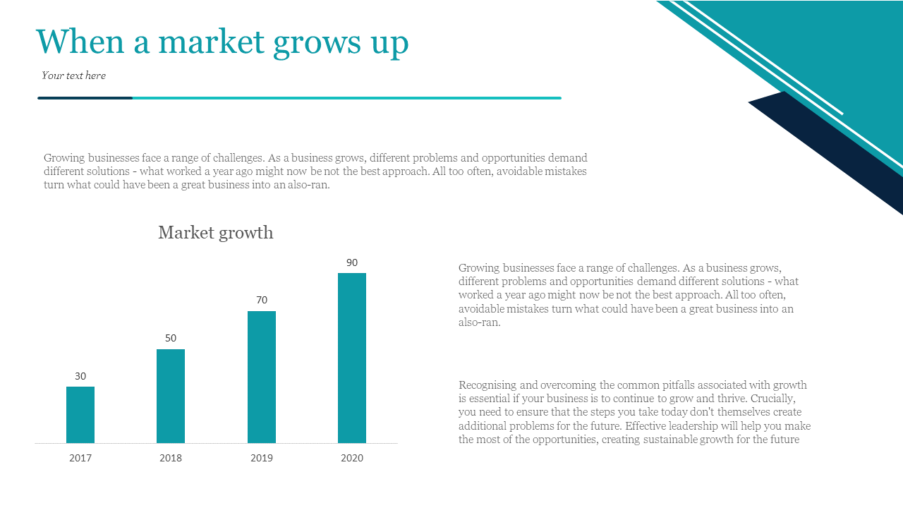 Business growth chart showing market growth from 2017 to 2020 with rising bar values of 30, 50, 70, and 90, respectively.