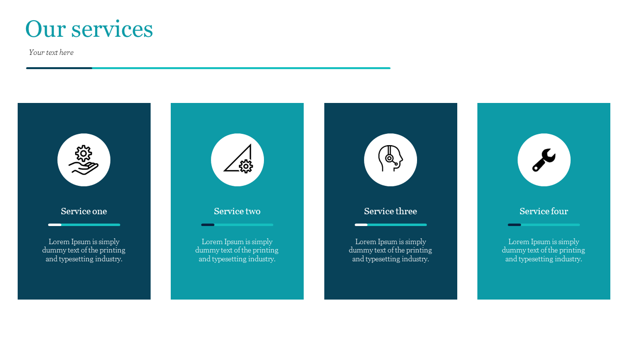 Colorful our services slide shows four service options with different icons and progress bars on a white backdrop.