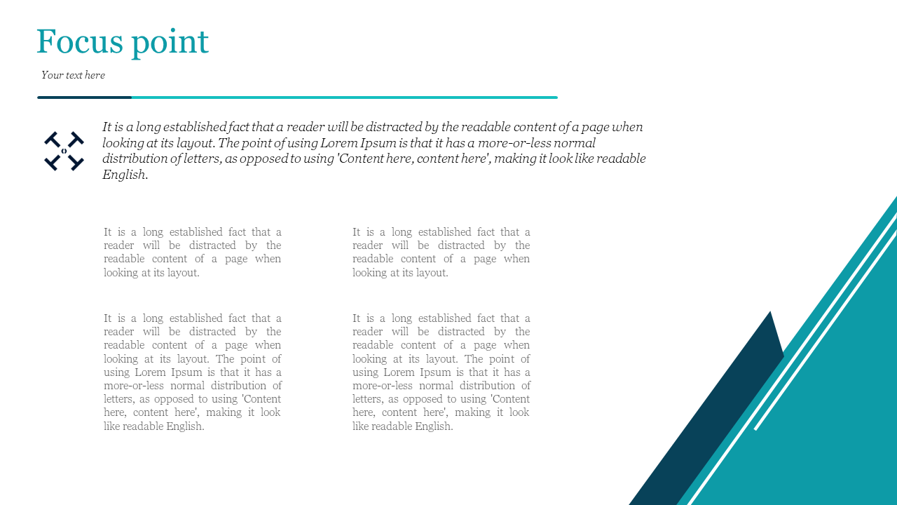 Focus point slide featuring a symbol of focus with text explaining the concept of distracting readable content on a page.