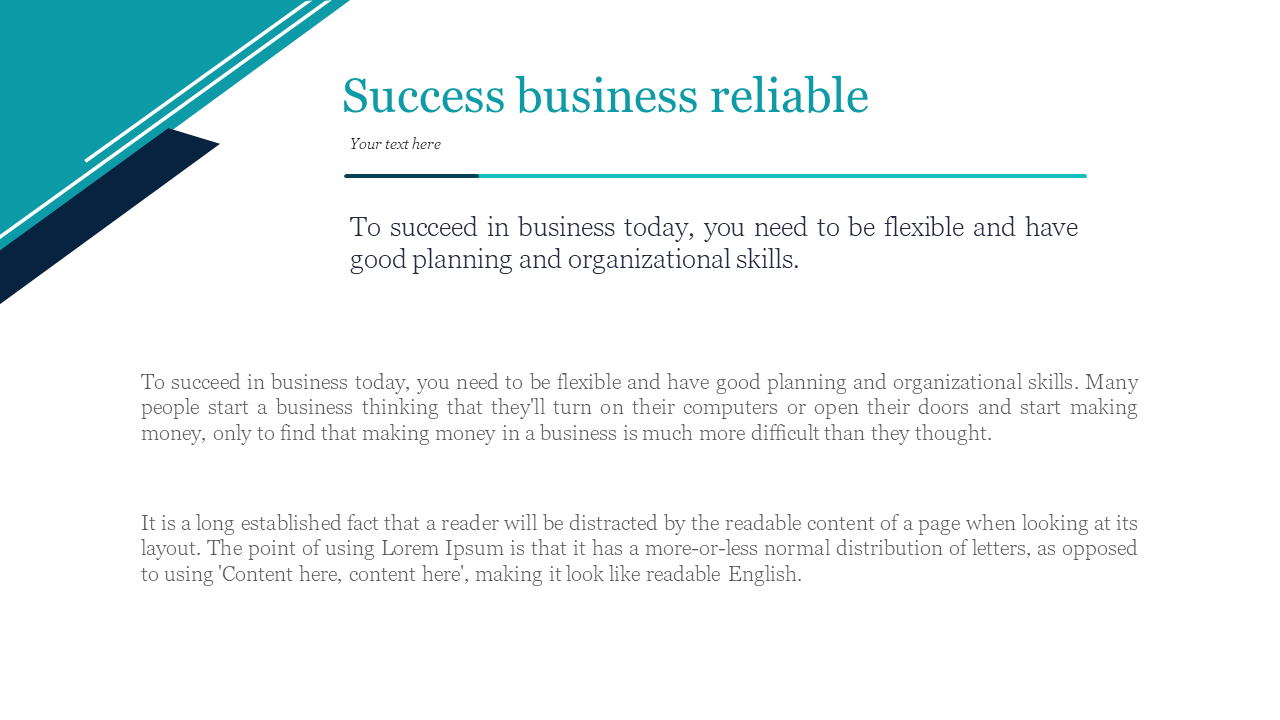 Business success slide with a statement on the need for planning and flexibility in today's business environment.