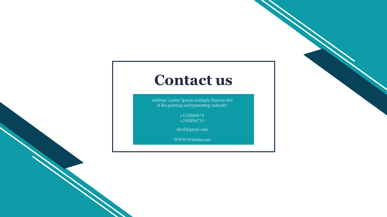 Business contact information slide showing address, phone numbers, email, and website on a white and blue theme.