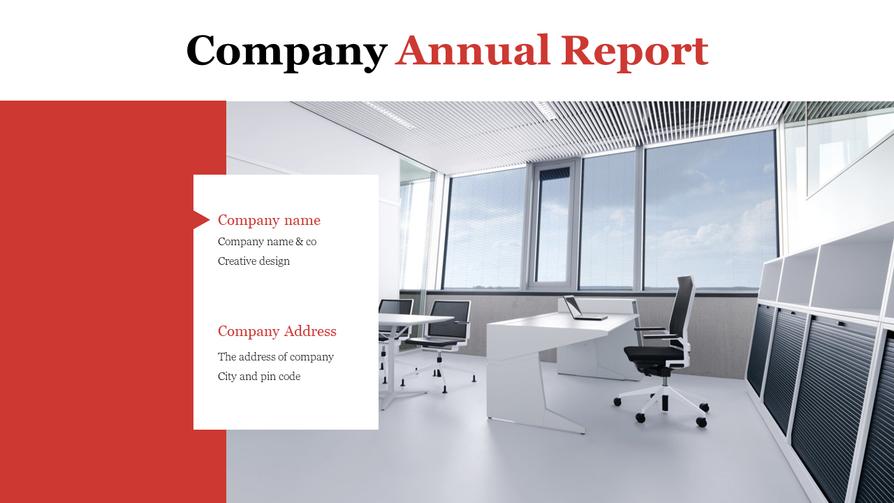 Company Annual Report slide with company name, address, and creative design details on a modern office background.