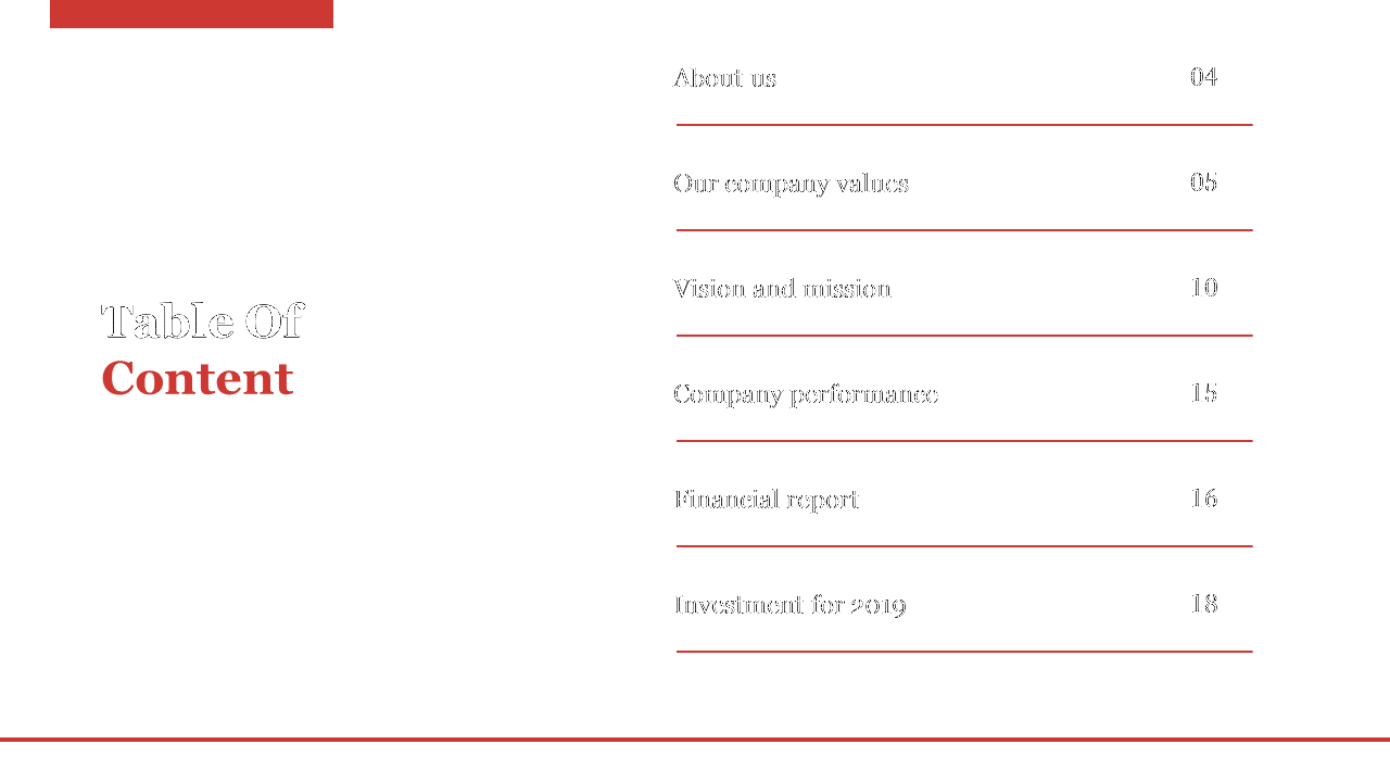 A slide showing a table of contents for a company report with six sections on a white backdrop.
