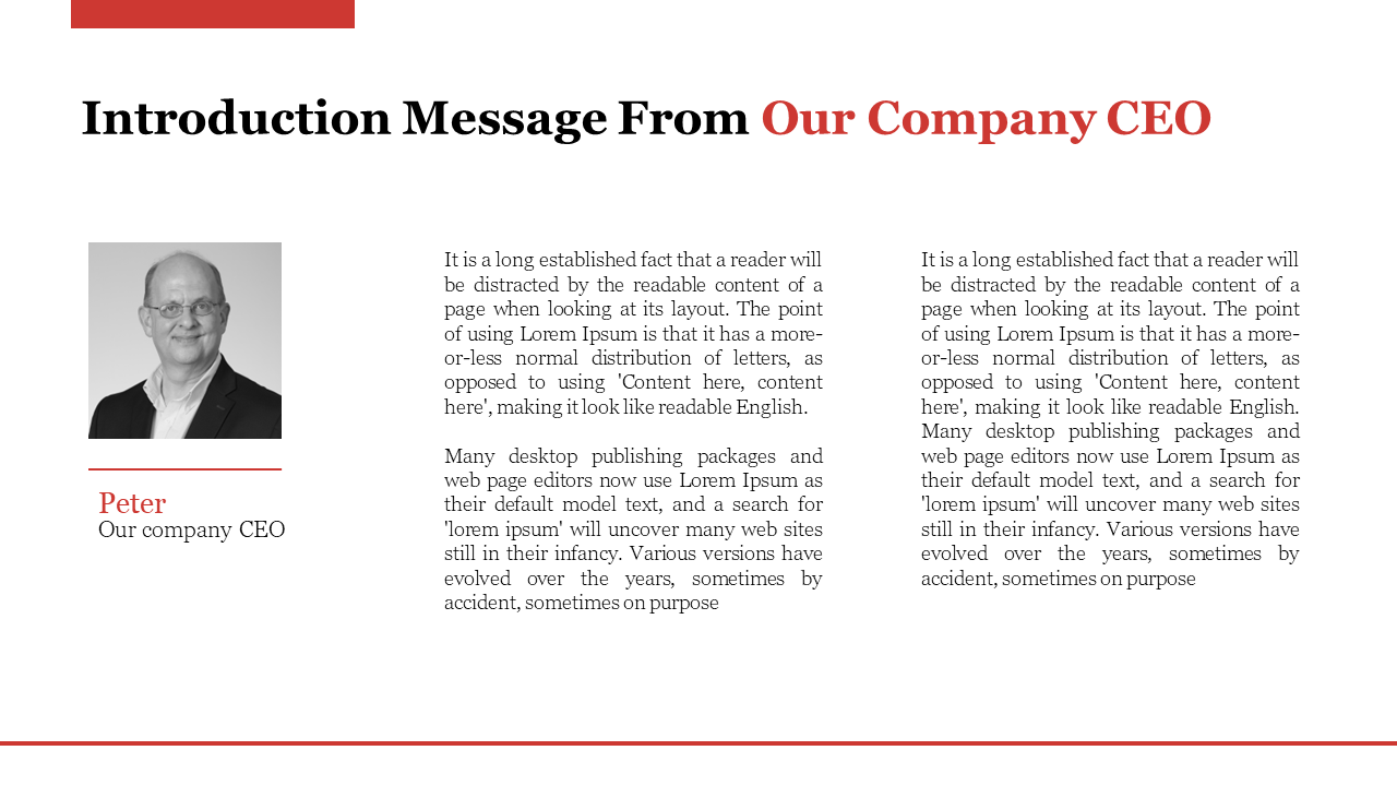 Introduction message from the company CEO, Peter, accompanied by his photo and a detailed text about the company.