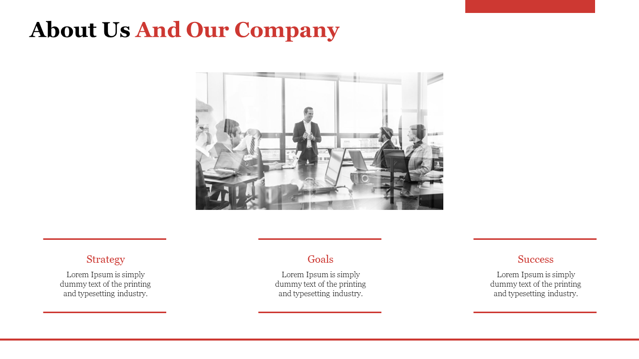 About Us slide featuring a business meeting image with text blocks highlighting strategy, goals, and success.