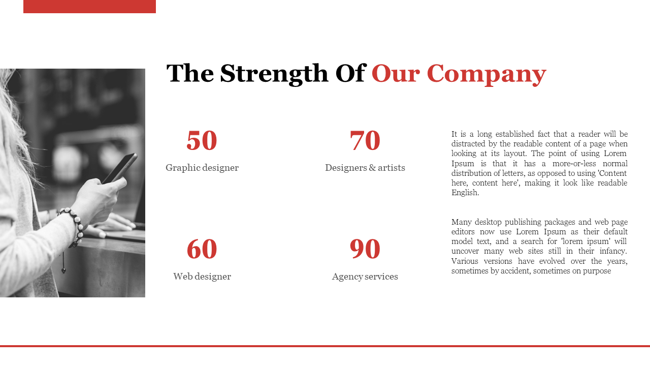 Company strength slide with a photo of a person on a smartphone and four sections with placeholder text on a white theme.