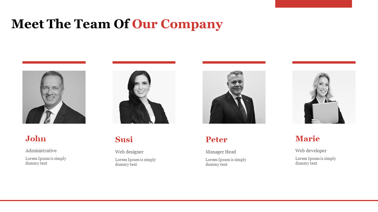 Team members of the company slide with images of John, Susi, Peter, and Marie, each listed with their job titles.