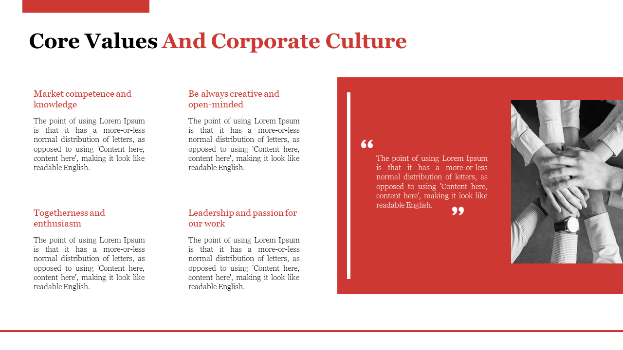 Company's core values and culture slide with descriptions on a white and red backdrop with a group of people's hands.