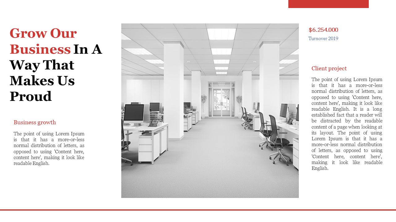 Business growth and client project slide with financial figures and office interior image on a white backdrop.