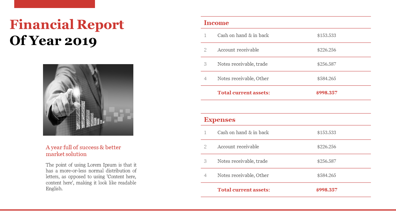 Financial report for the year 2019, showing income and expense breakdowns with corresponding amounts in white backdrop.