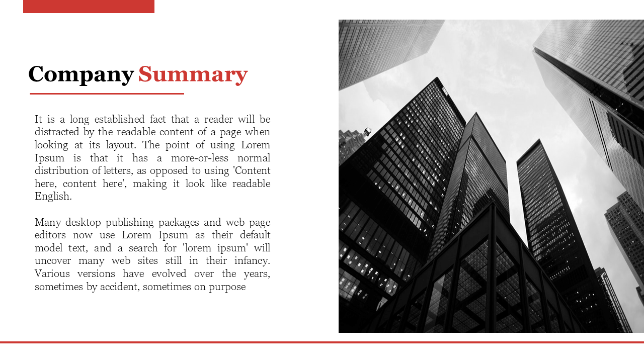 Company summary slide with a black and white image of tall city buildings and text about the impact of layout and design.