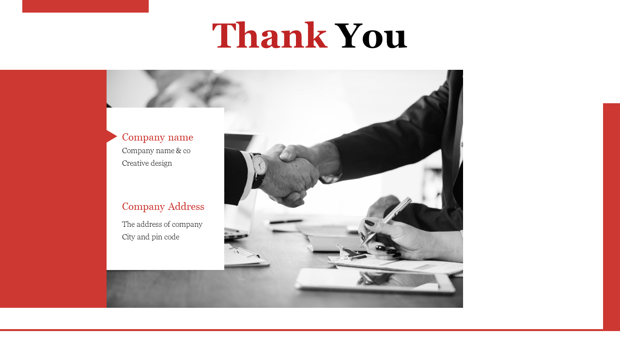 Thank you slide with photo of two businesspeople shaking hands and company information displayed on the left in white theme.