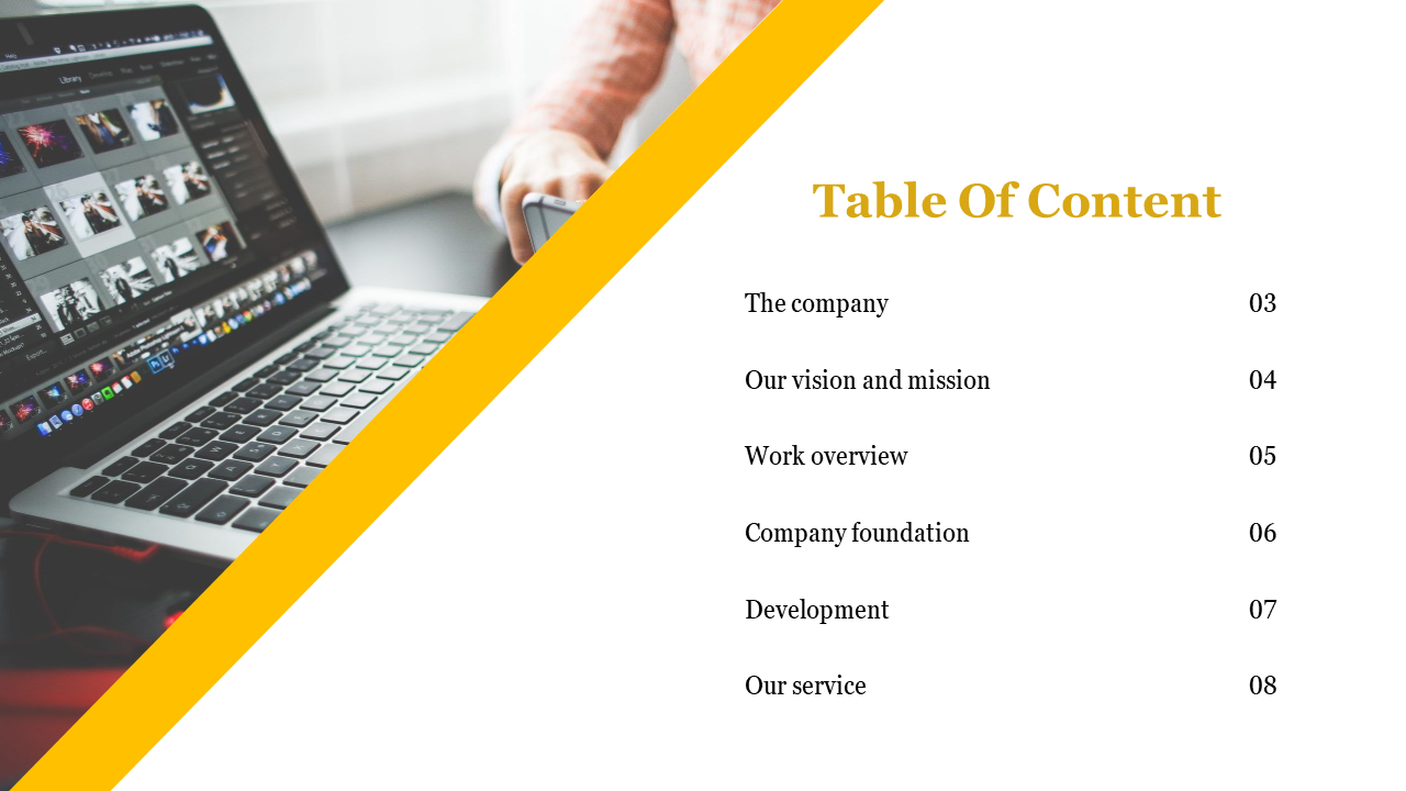 Table of contents slide featuring a yellow diagonal stripe and a laptop with photo editing software on a white theme.
