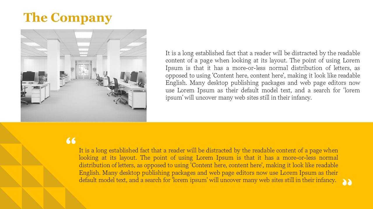Company slide with yellow accents featuring an office space and a long paragraph of placeholder text.