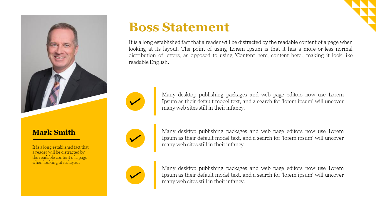 Boss Statement slide featuring Mark Smith with yellow design elements and three checkmarks on a white backdrop.