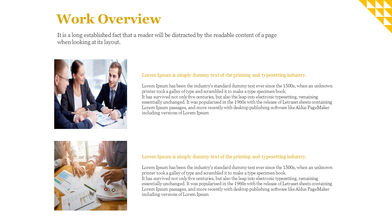 Work overview slide with two images of business professionals discussing documents and a chart on a white backdrop.