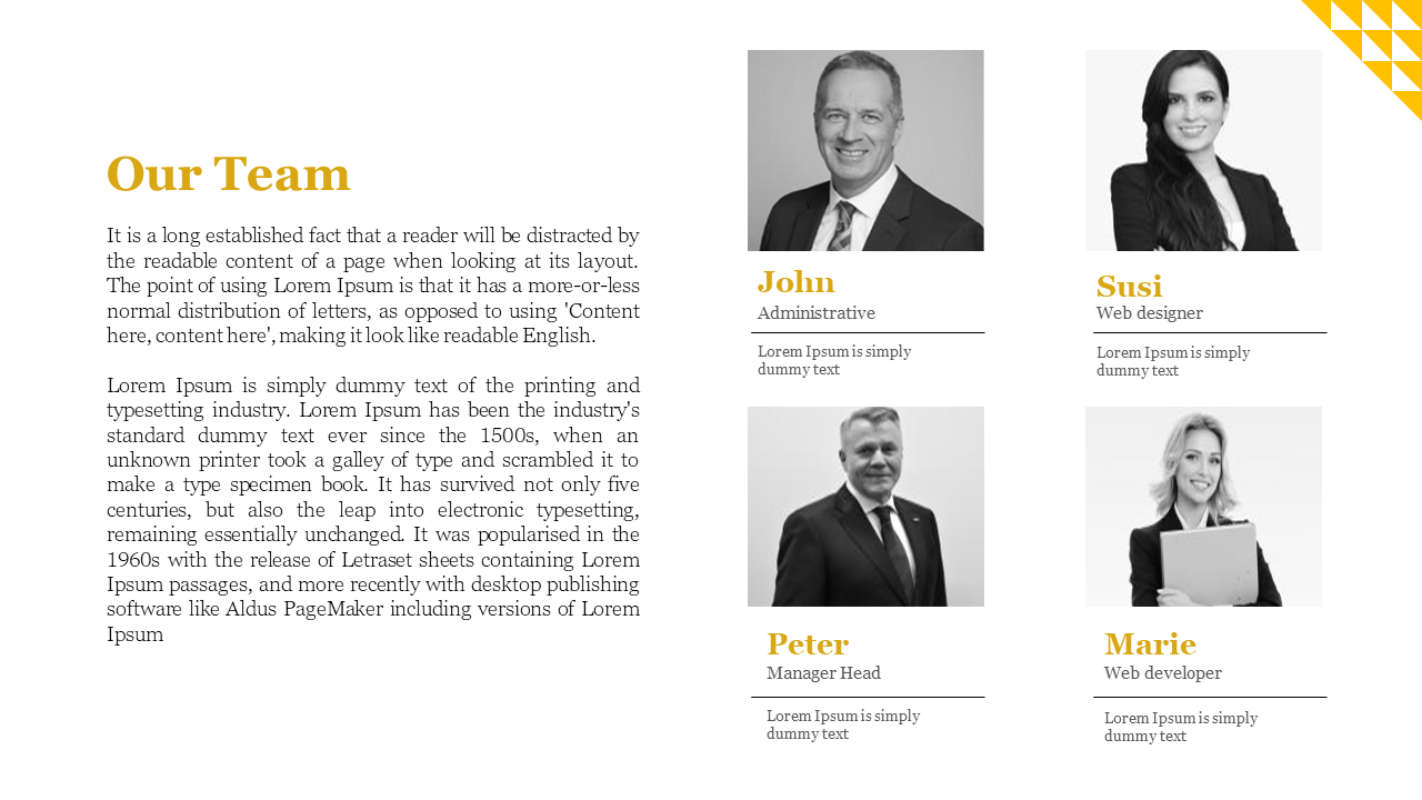 Company team profile slide featuring team members John, Susi, Peter, and Marie with titles and placeholder text.