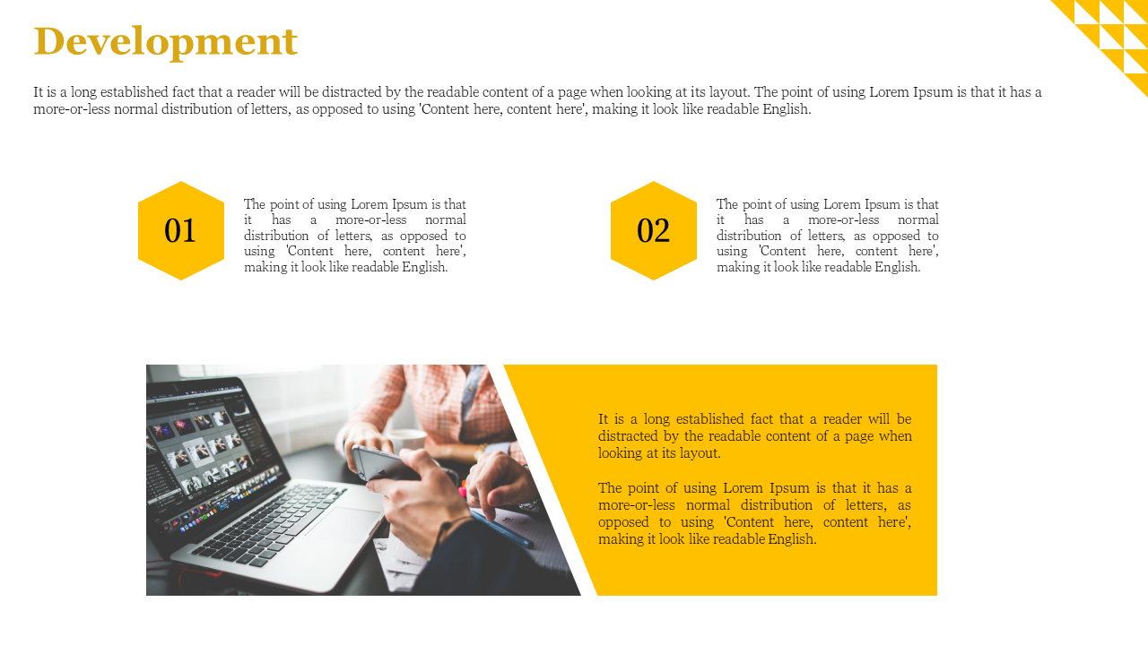 Two step development process with numbered hexagons, accompanied by descriptions and images of team members working.