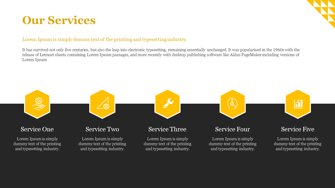 Five service categories with yellow hexagonal icons and brief descriptions of each service offered by the company.