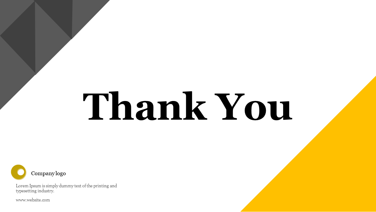 A thank you slide featuring bold typography, a company logo, and a website link with a geometric background in white theme.