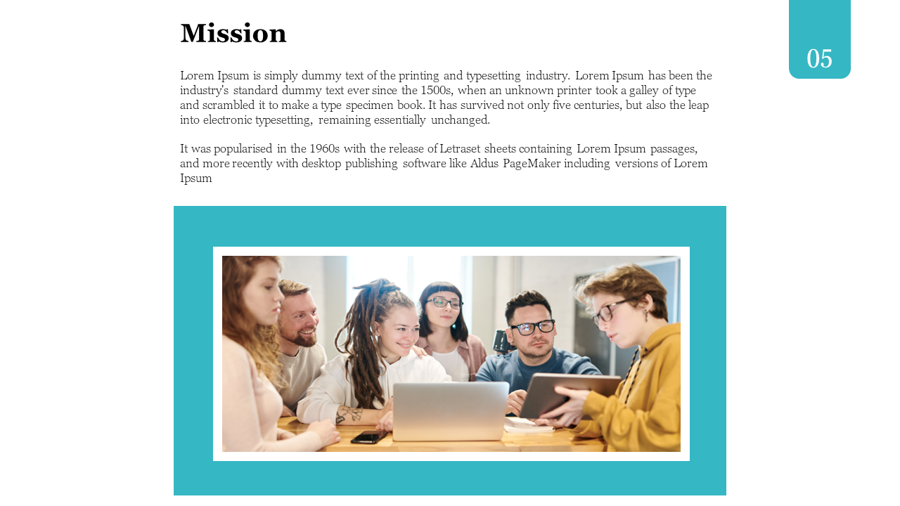 Mission slide with a description of Lorem Ipsum and photo of a group of people collaborating around a laptop in white theme.