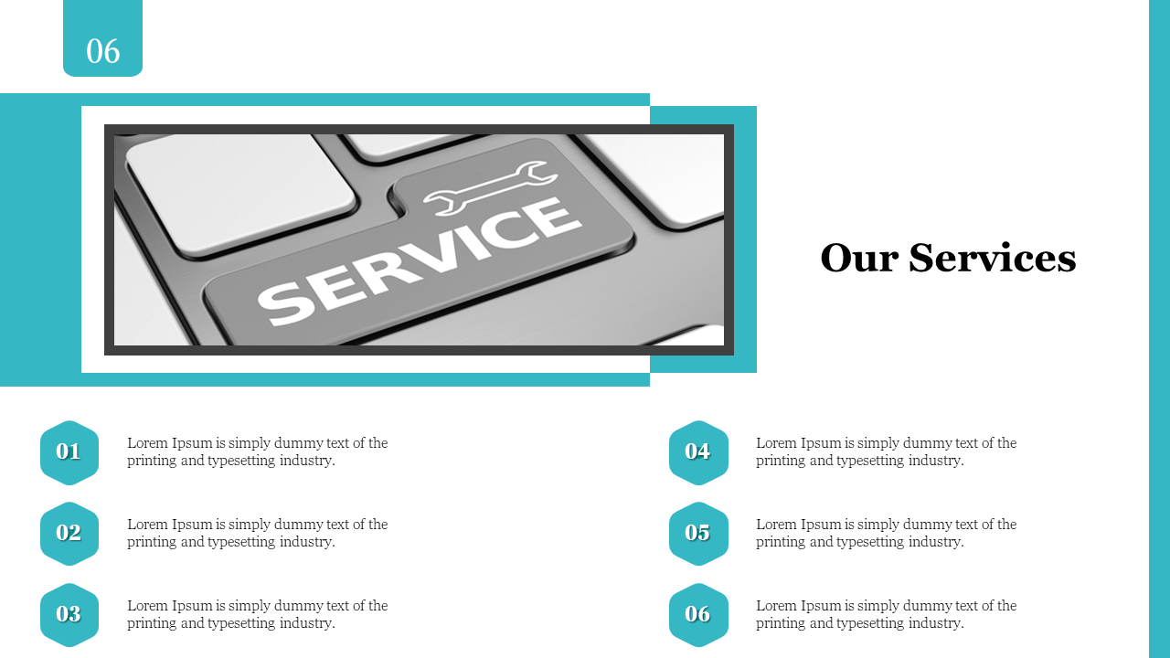 Our Services slide with a photo of a keyboard key and six numbered text descriptions on a white backdrop and blue theme.