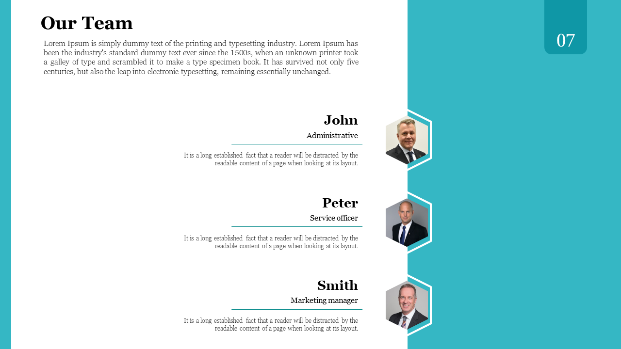 Our team slide features photos of John, Peter, and Smith, along with their roles and a placeholder text description.