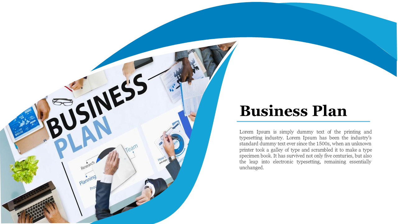 Slide with a blue wave design, showing a team working on a business plan with documents and a laptop.