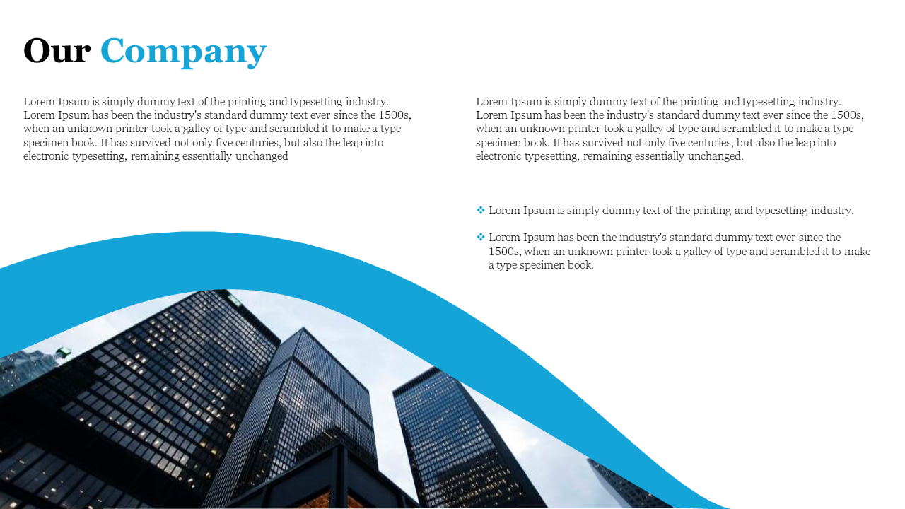 Our Company slide with blue wave design, cityscape photo, and placeholder text with bullet points in white theme.