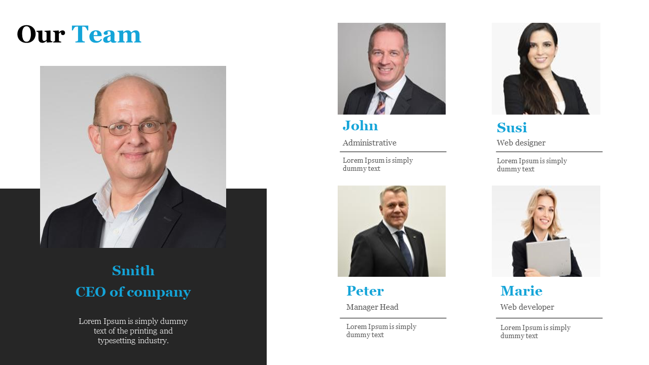 Our team showed photos of team members with roles such as CEO, Administrative, Web Designer, and Manager Head.