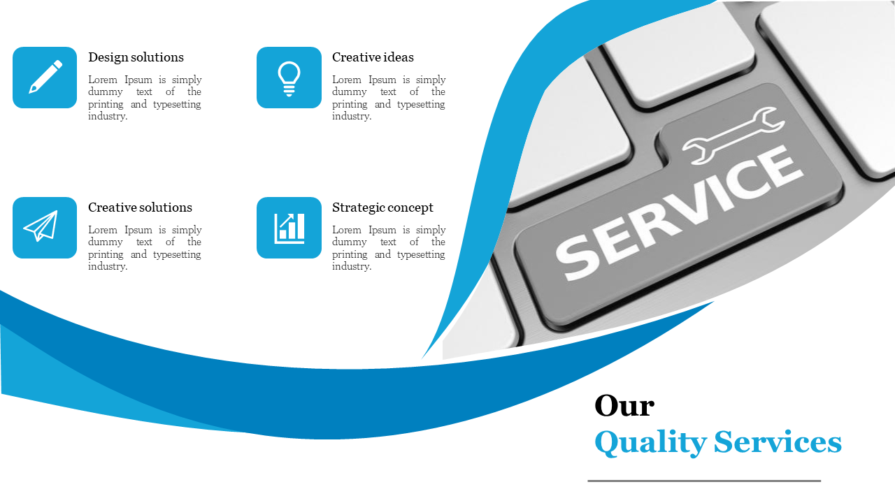 Our quality services slide shows four key service areas with a keyboard with blue icons on a white backdrop.