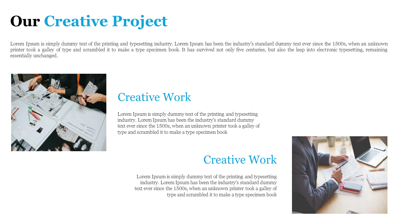 A slide displaying text about a creative project and two images that seem to depict a design brainstorming session.